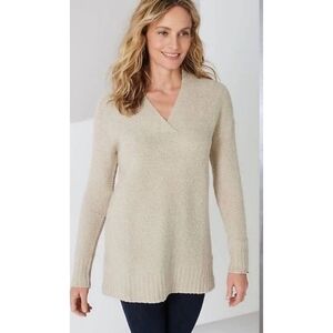 J.Jill Boucle Textured V-neck Pullover Tunic Sweater Oatmeal Size S